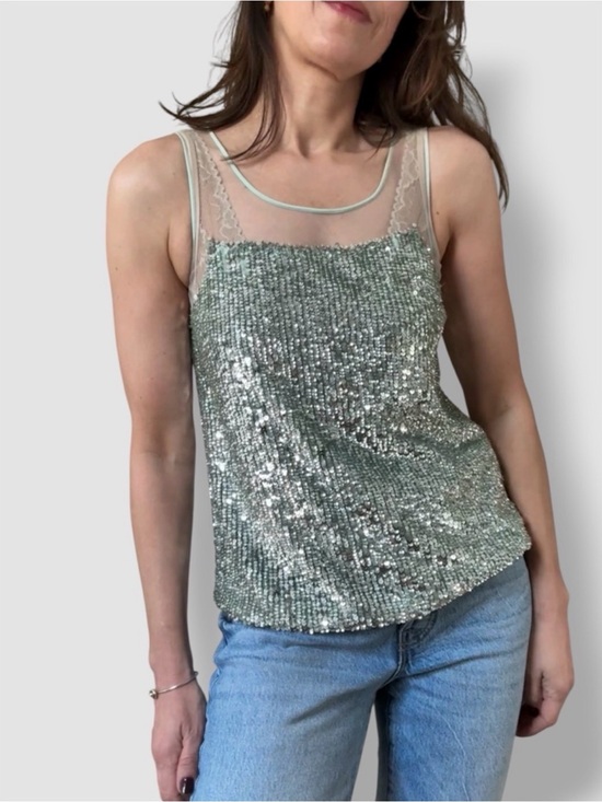 Renzo and Kai Tops - Renzo and Kai Sequin Mesh Scoop Neck Tank Top - Mint Green